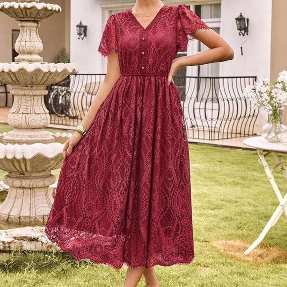 NWT Burgundy Lace Midi Dress - Picture 2 of 6